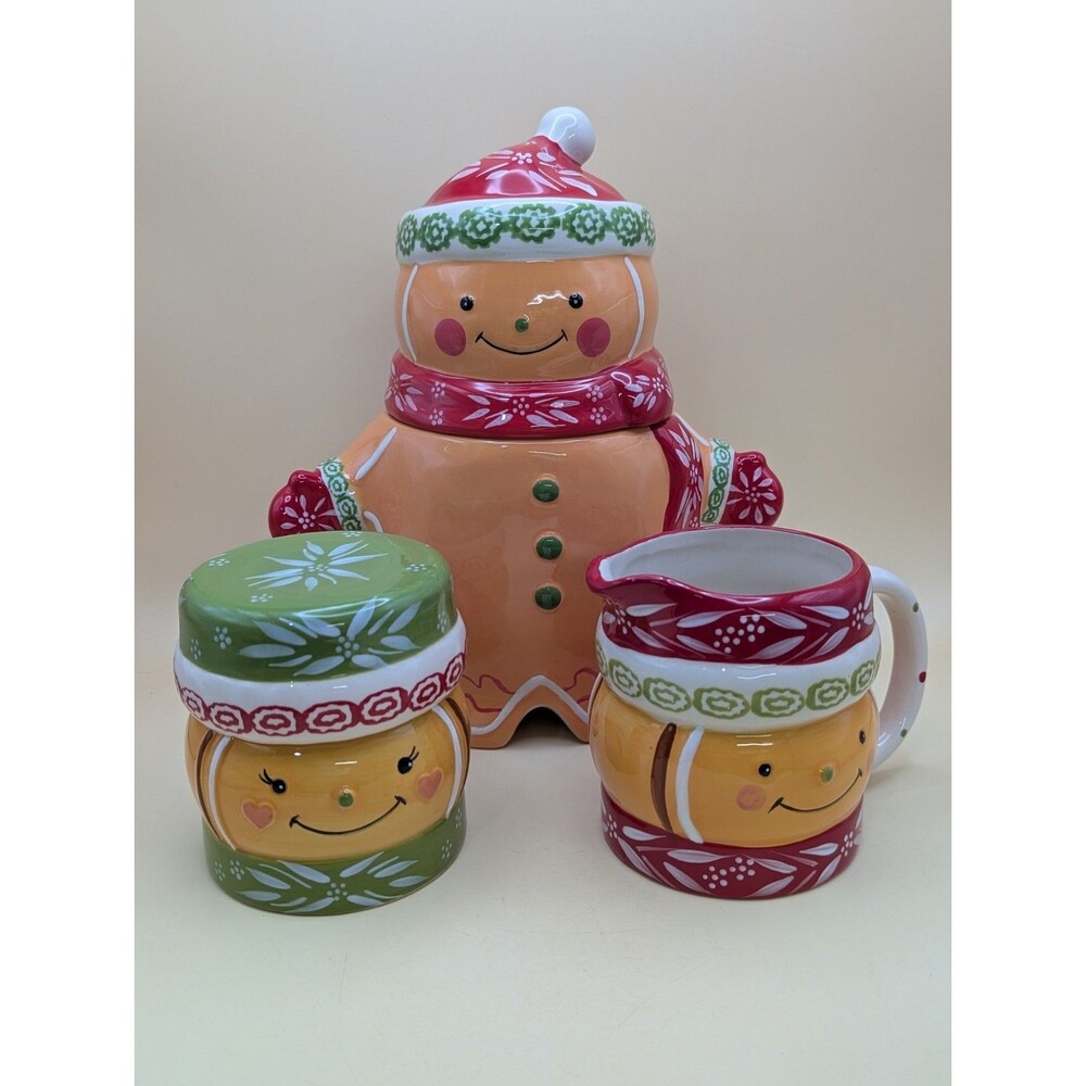Temp-tations Gingerbread Man Cookie Jar Creamer Sugar Bowl Set Christmas Holiday